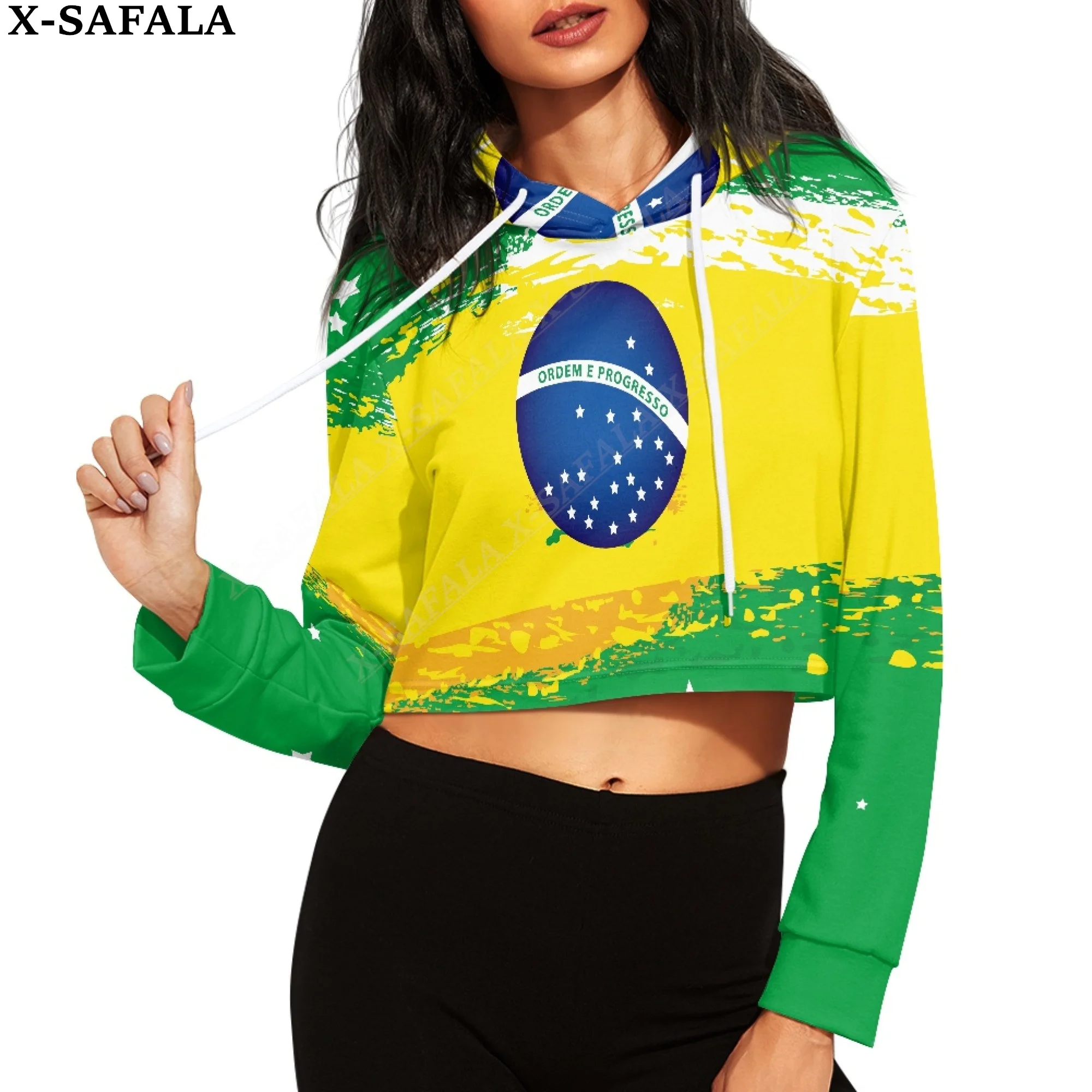 

Brazil Coat Of Arms Country Style Print Women Crop Top Hoodie Casual Long Sleeve Hooded Short Sweatshirt Streetwear Drawstring-3