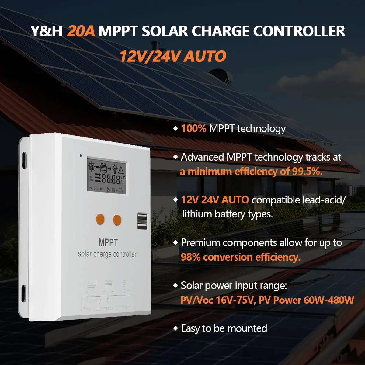 Контроллер заряда солнечной батареи Y &amp H 20A MPPT регулятор 12 в 24 В максимальный