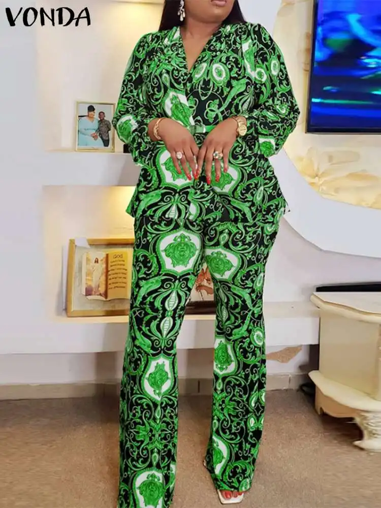 Элегантные офисные брючные комплекты 2024 VONDA женские из 2 предметов с принтом