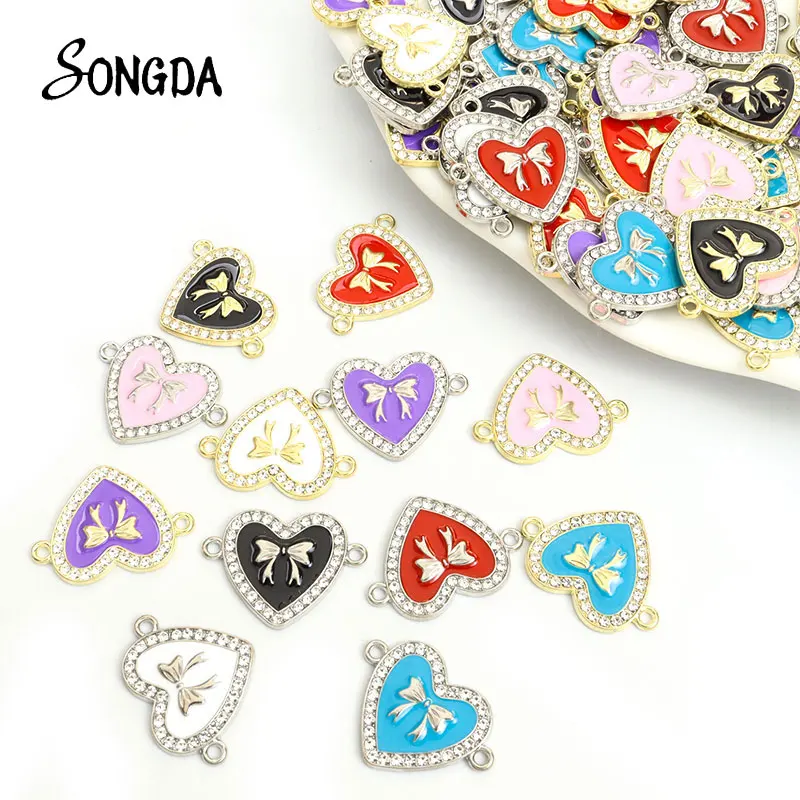 

10pcs Enamel Crystal Bow Heart Charm Connectors Lovely Bowknot Alloy Metal Charms for DIY Bracelet Making Handmade Accessories