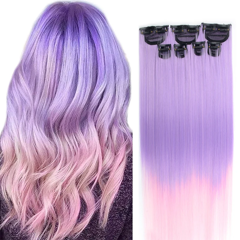 Цветные волосы для наращивания Розово-розовые заколки волос Красочные Прямые