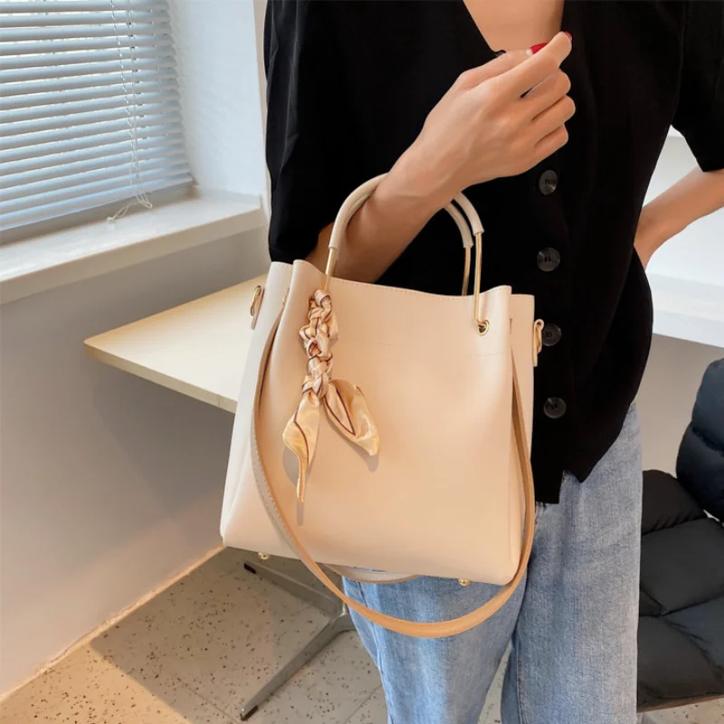 Women's PU Simple Large Capacity Wide Shoulder Bucket Bag Fashion Portable Solid Color Crossbody Silk Scarf Tote Bags for Women