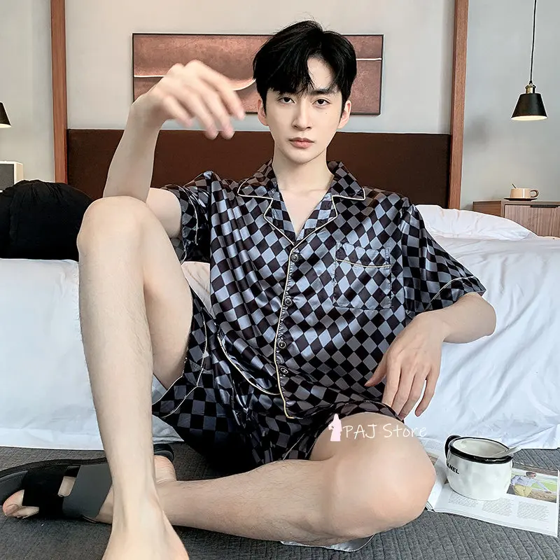 Men Pajama Sets Silk Satin Pijama Turn-down Collar Sleepwear Short Sleeve Spring Nightwear 2 Pieces Sets Homewear L-5XL