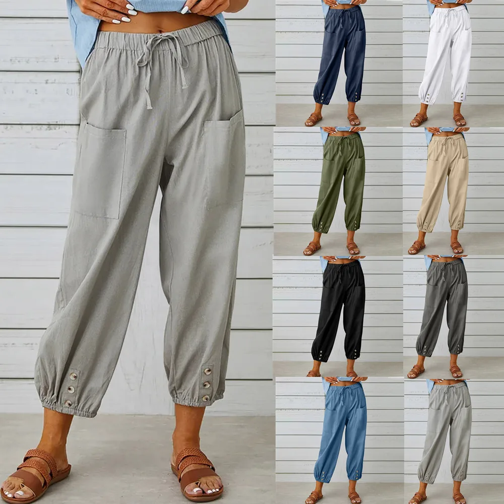 Summer Casual Cotton Linen Harem Pants Women Large Size Loose High Waist Elastic Ankle-length Pants Solid Lady Pocket Trousers