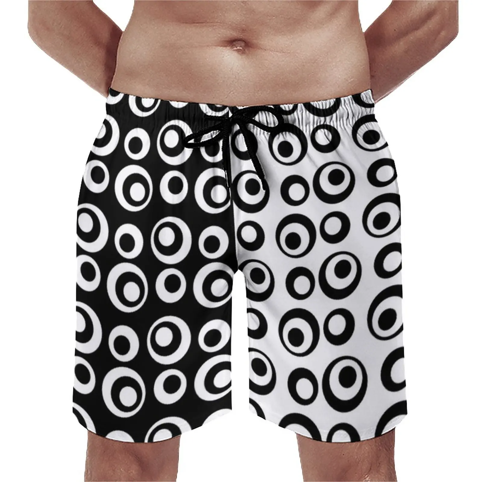 

Black And White Two Tone Board Shorts Mod Love Circles Dots Beach Short Pants Drawstring Pattern Printing Swim Trunks Big Size