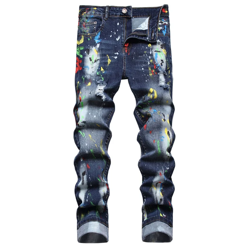 

Men Painted Stretch Denim Jeans Streetwear Holes Ripped Distressed Blue Pants Slim Tapered Trousers