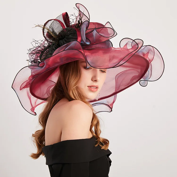 

Sunshade Hat Women's Summer Fashion Tide Brand Organza Sunscreen Fashion Hat Korean Version Feather Flower Big Beach Hat