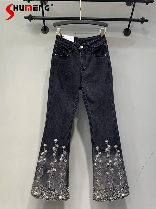 

European 2022 Spring Autumn New Ladies Fashion High Street Black Gray Denim Pants Women's Elegant Embroidery Sequins Beadedjeans