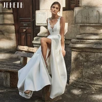 jeheth deep v neck satin open back wedding dress high slit appliqued a line beach bridal gowns women vestidos de novia %d9%81%d8%b3%d8%aa%d8%a7%d9%86