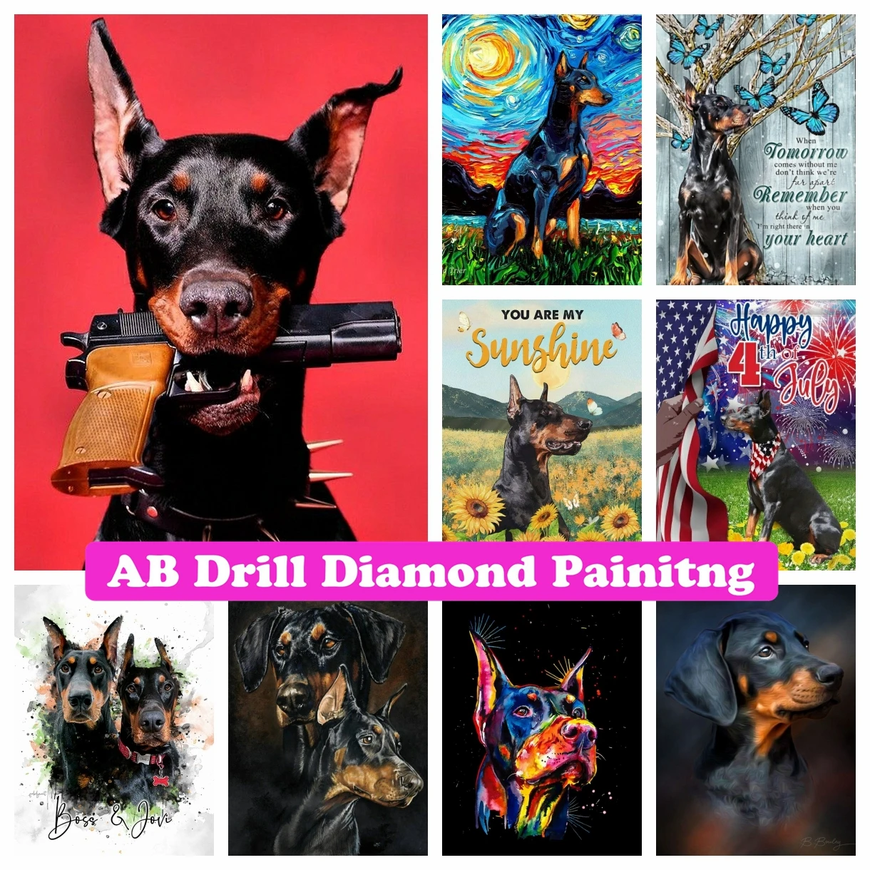 

5D DIY AB Drills Diamond Painting Dog Doberman Fierce Diamond Embroidery Animal Cross Stitch Mosaic Kit Rhinestone Home Decor