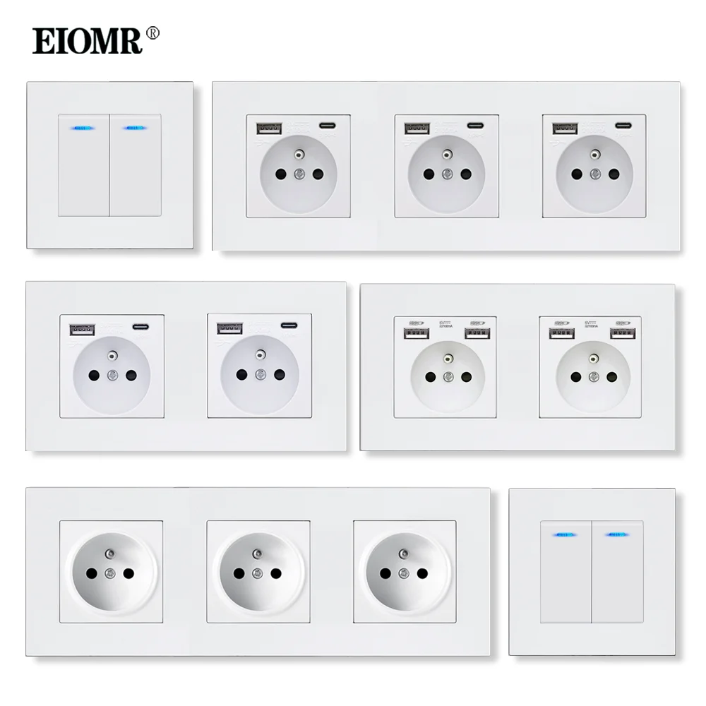 

EIOMR France Standard Wall White Electrical Sockets AC 110~250V Single Double Triple and Quadruple Power Sockets with Switches