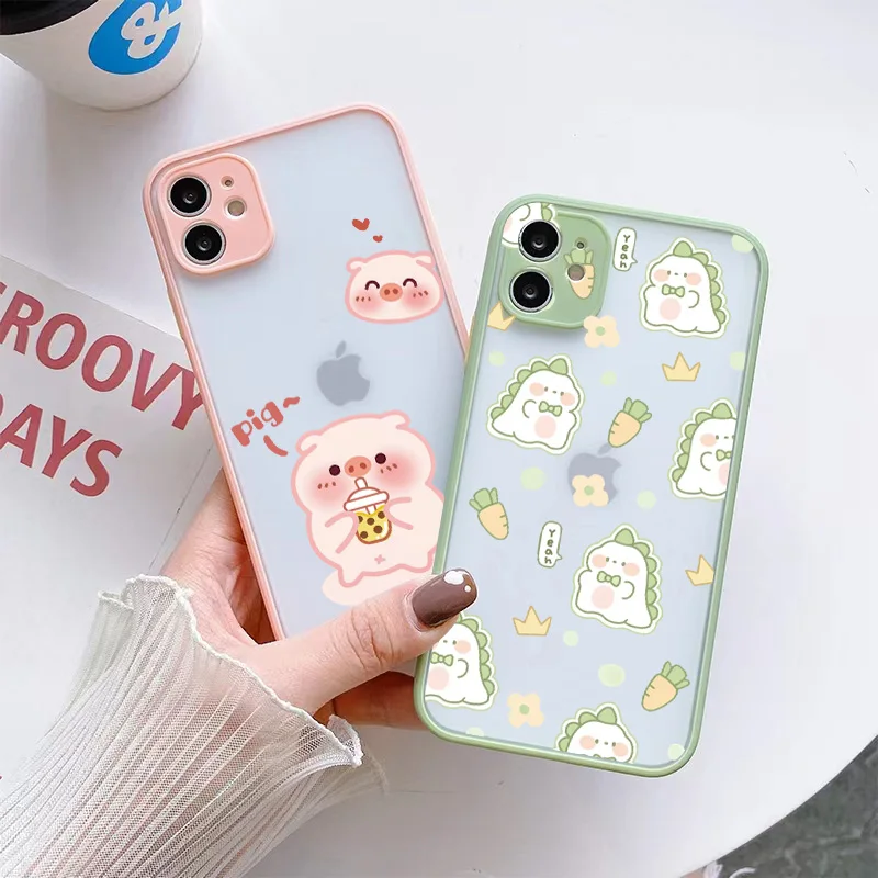 

Cute cartoon pig duck dinosaur Shockproof Matte Case For iPhone 13 14 12 11 Pro Max XR XS X 7 8 Plus SE 12Mini Luxury Cover Capa