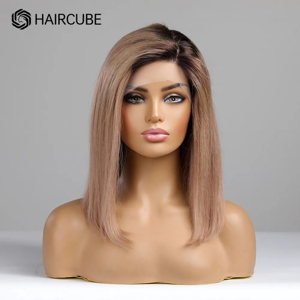 

HAIRCUBE Strawberry Blonde Human Hair Lace Front Wigs Remy Natural Side Part Shoulder Long Ombre Dark Root Straight Women's Wig