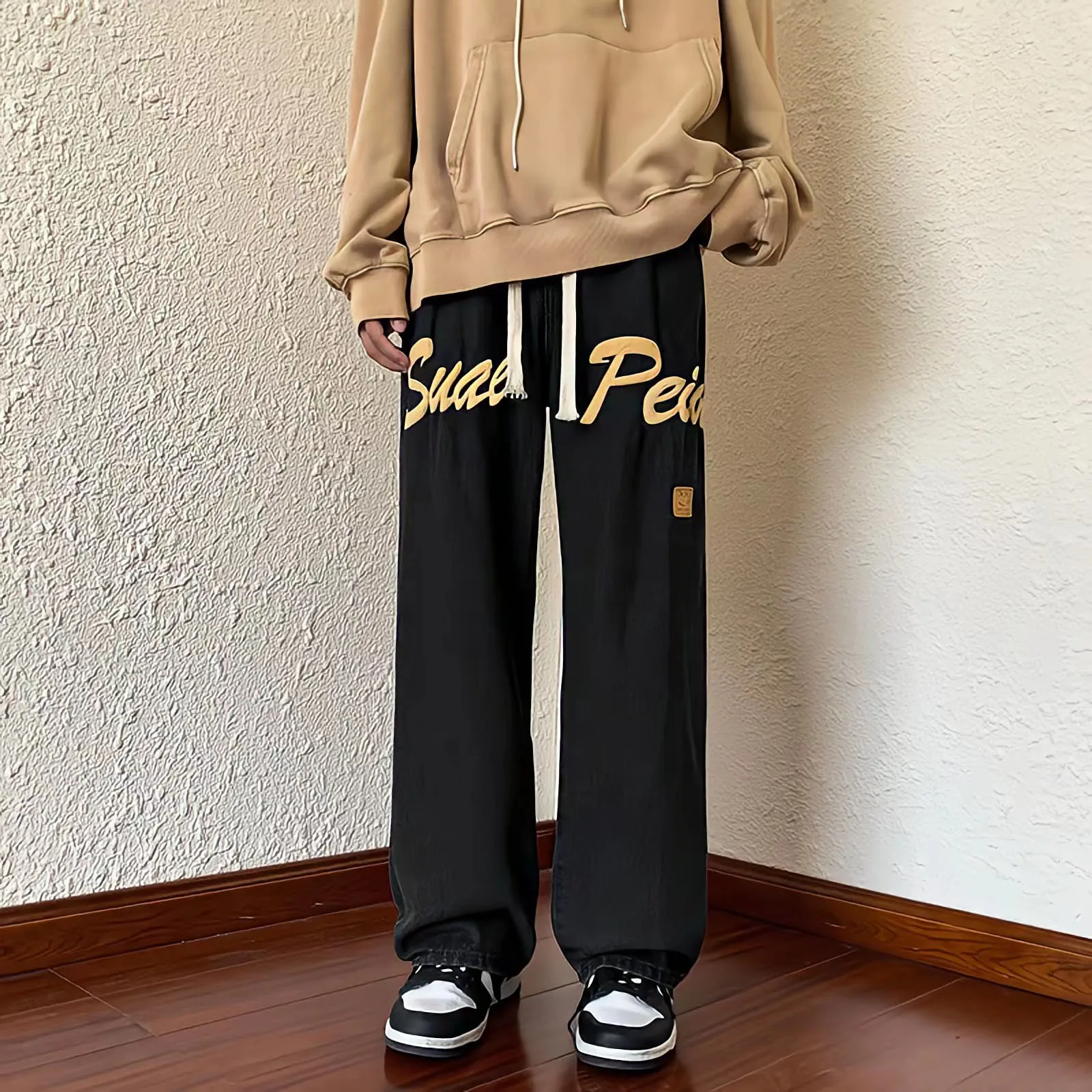 Korean Fashion Baggy Jeans Man Black Straight Pants Streetwear Hip Hop Letter Foaming Printing Oversized Casual Denim Trousers