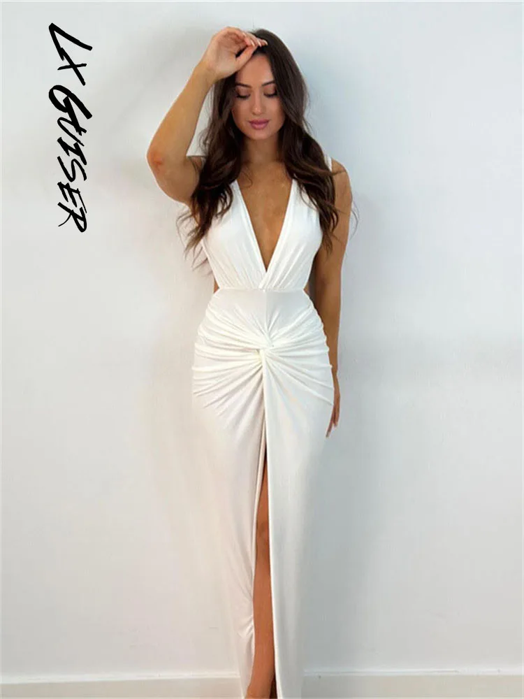 

Lx Guiser V Neck Bodycon Sexy Y2k Spilt Women Midi Dresses Summer Party Elegant Offf Shoulder Backless Robe Women's Tank Dress