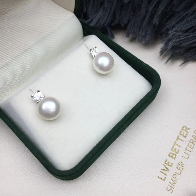 S925 Silver Pearl Stud Earrings Princess Style 10-11 Steamed Bread Freshwater Pearl Simple Fashion Versatile Jewelry accessories