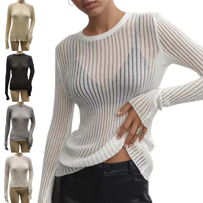 

Women See Through Neck Sheer Mesh Knitted Sweater Solid Basic Long Sleeve Loose Fit Knit Pullover Jumper Top