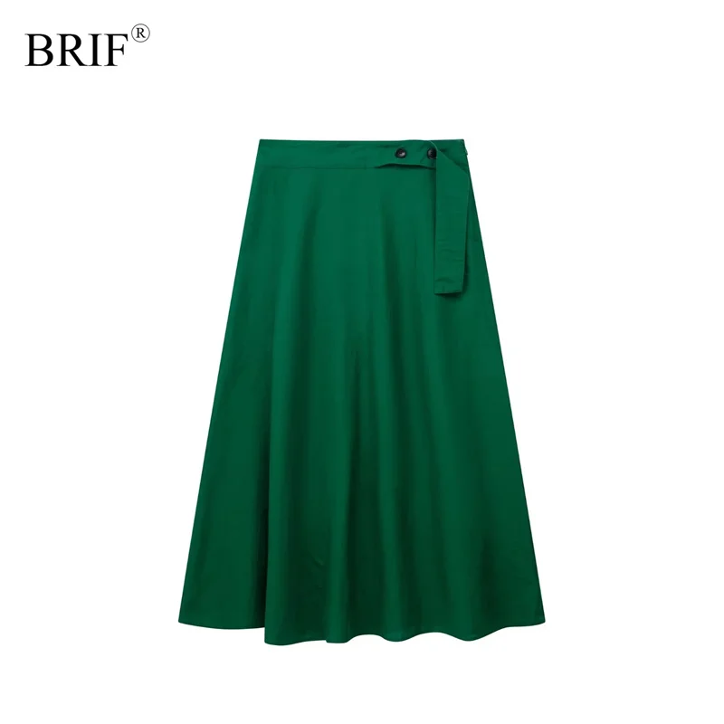 

BRIF Women Fashion Green Linen Blend Midi Skirt 2023 Summer New Casual Girls High Waist Flared Hem for Holiday