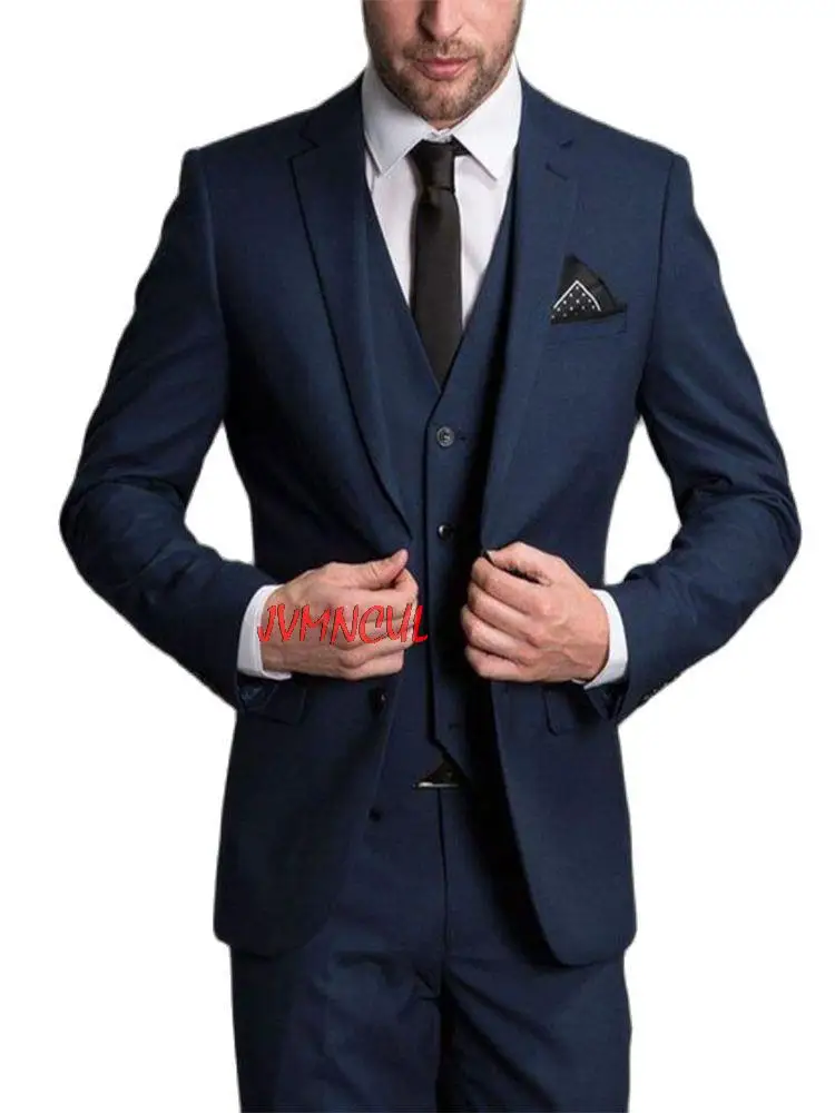 

3Pcs Custom Made Navy Blue Blazer Trousers Handsome Wedding Groomsmen Suits Party Prom Man Suits Tuxedos(Jacket+Pants+Vest+Tie)