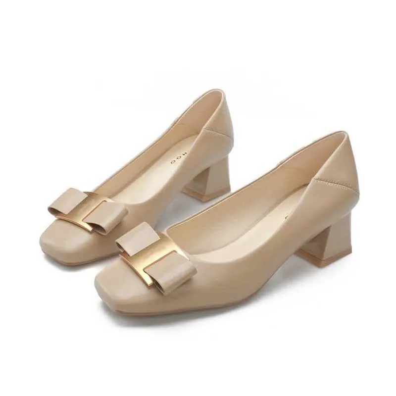 

Sexy Middle High Women's Pumps Soft Pu Leather Thick Heels Pumps New Square Toe Slip On Women's Shoes Metal Designer Brand Pumps