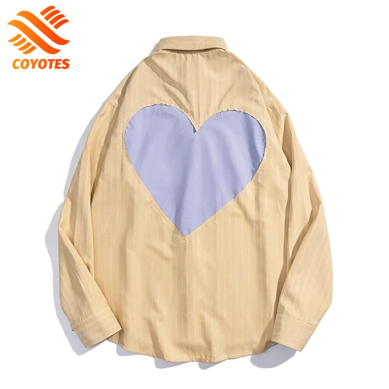 

COYOTES Back Heart Patchwork Men's Shirts Autumn Long Sleeve Turn-down Collar Shirt Fashion Casual Blouse Man Clothing