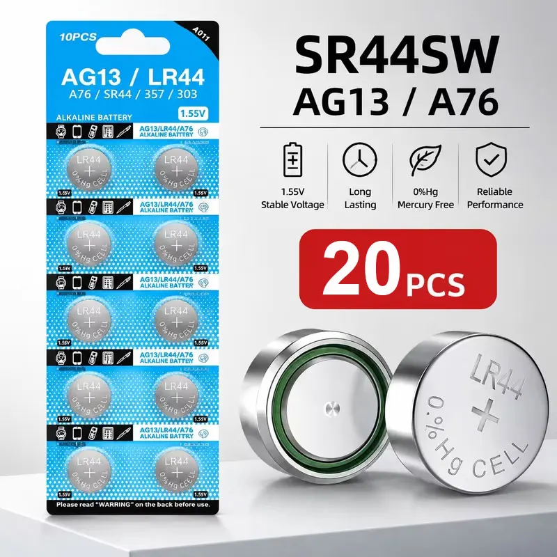 Фото 20 шт. AG13 LR44 A76 1.55V щелочные кнопочные батарейки для часов, игрушек, пультов ДУ L1154 SP76 LR1154 357 303 SR44, батарейки-таблетки №1