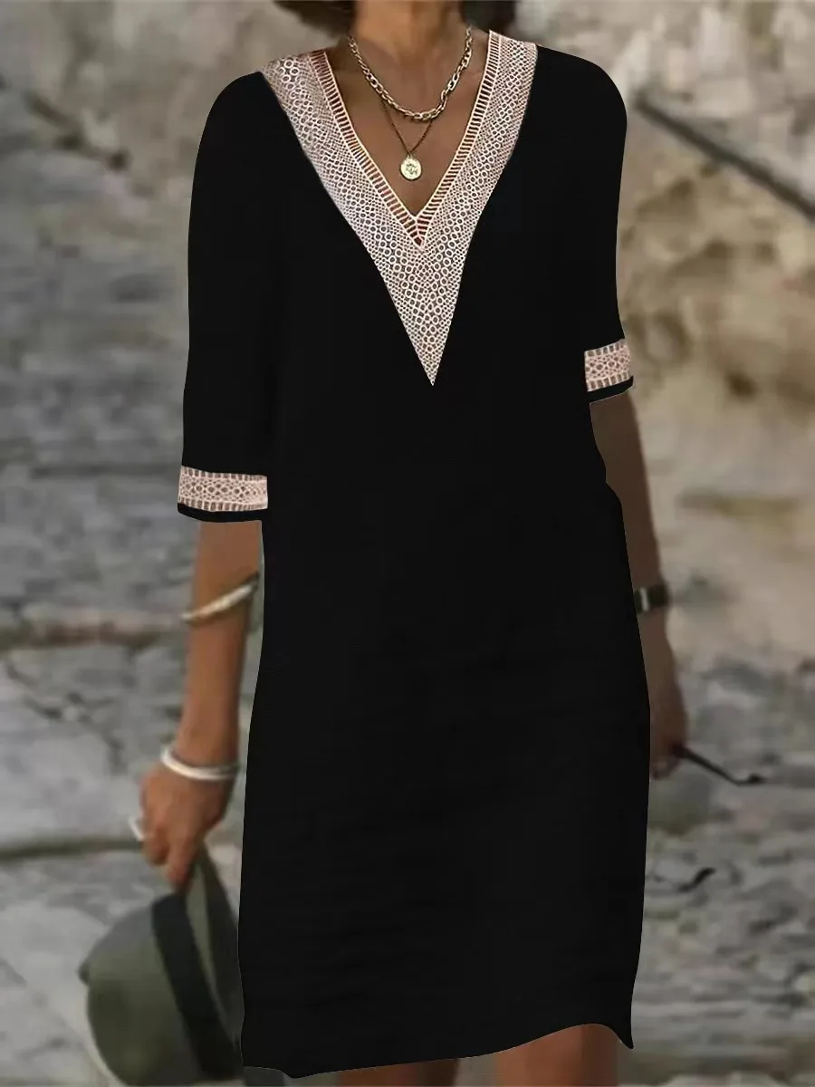 

Vintage Cotton Linen Dress Women Clothing Summer Casual Patchwork V Neck Chic Tunicas Fashion Oversize Midi Dresses Vestidos