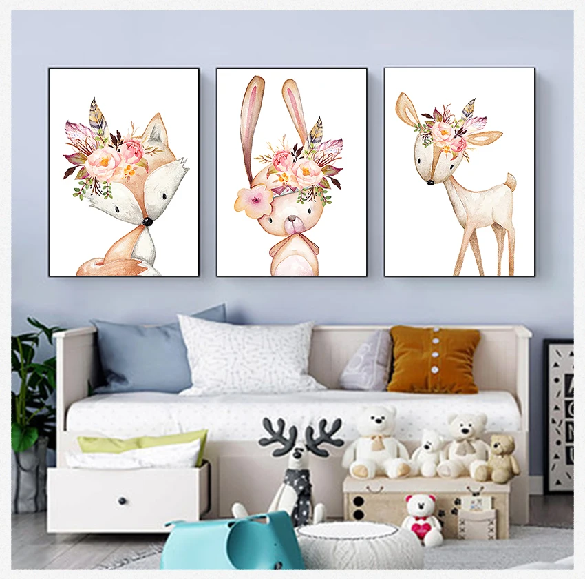 

Nordic Fox Deer Picture Baby Room Wall Art Canvas Pictures Nursery Prints Flower Rabbit Canvas Painting Woodland Animals Poster