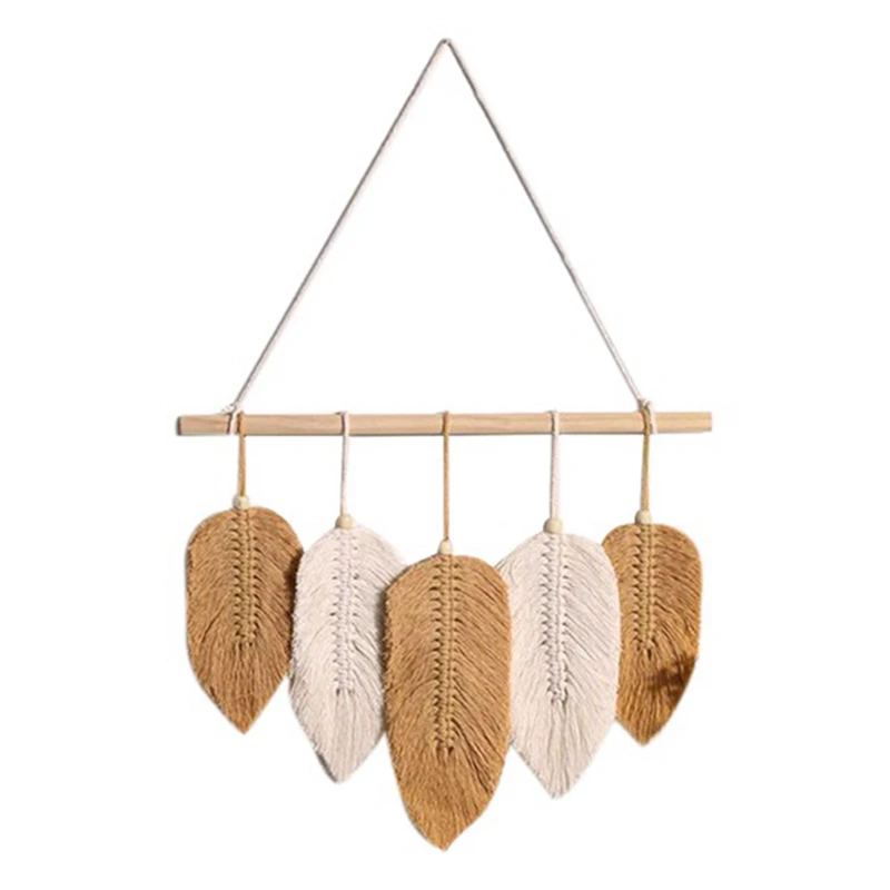 

Handmade Macrame Leaf Wall Hanging Tapestry Cotton Feathers Woven Leaves Door Porch Decoration