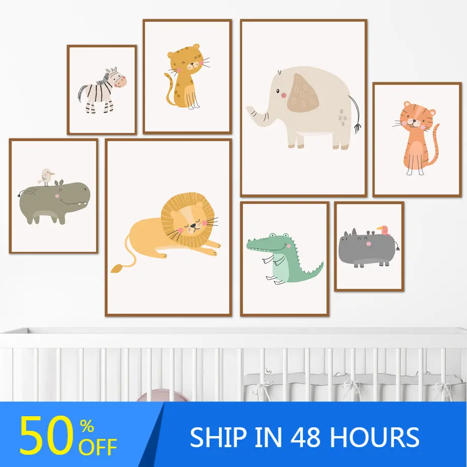 

Kawaii Hippo Leopard Lion Tiger Crocodile Elephant Pictures Wall Posters Nordic Canvas Paintings Wall Art Childrens Room Decor