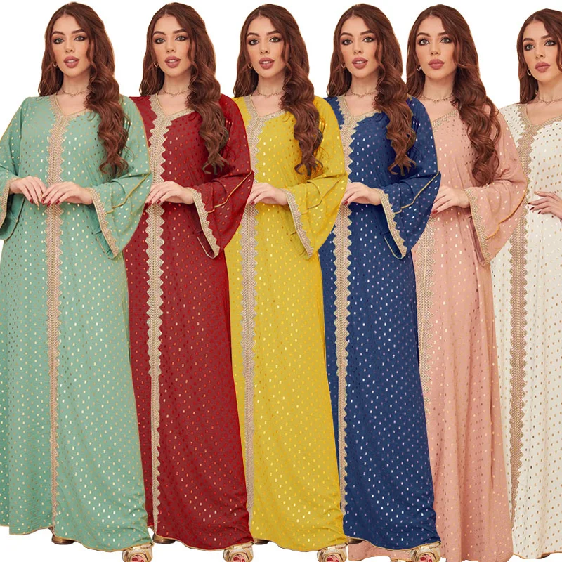 

Women's fashion new style autumn and winter casual ice silk gilding decal V-neck long sleeve Muslim Dubai loose gown dress