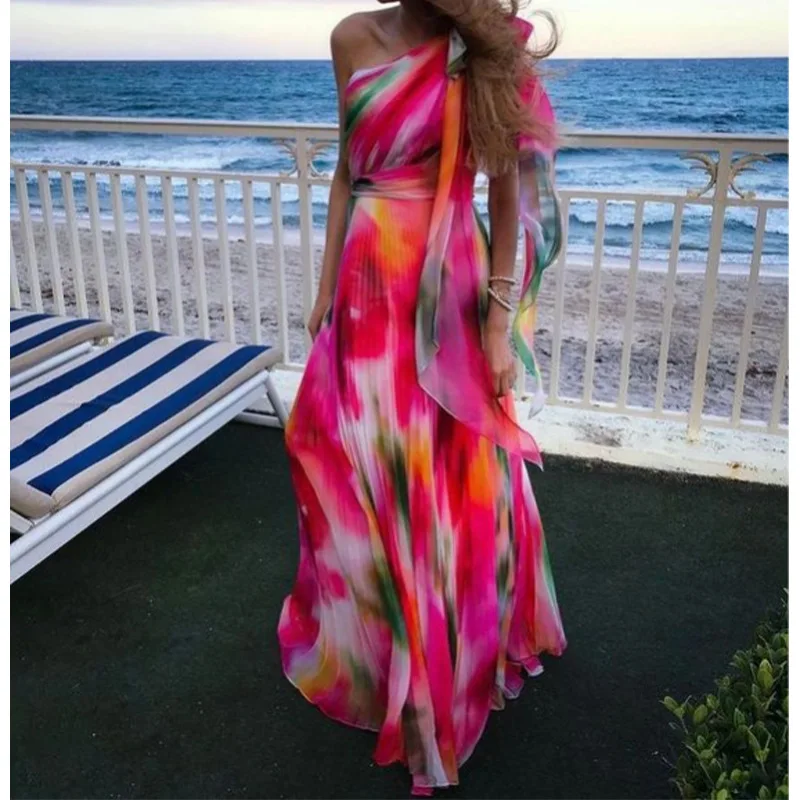 

2022 New Women's Dresses, Sexy Slanted Shoulder Straps, High Waist, Waistline, Printed Straps, Long Skirt, Collarbone Dress