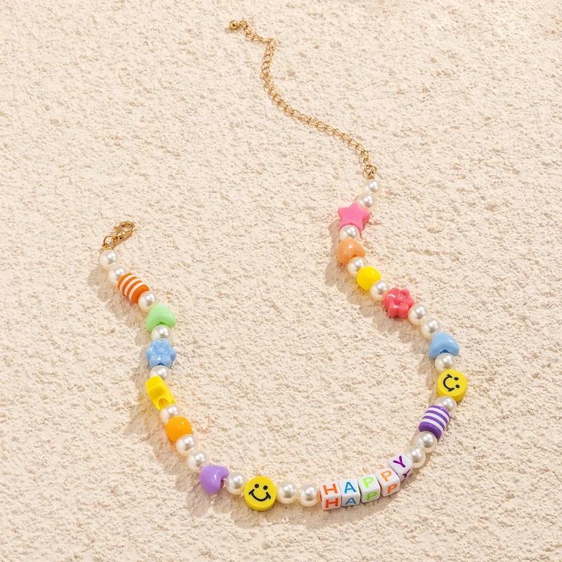 

Minar Summer Bohemian Rainbow Beaded Chains Necklace for Women Colorful Smile Letter Beads Chokers Necklaces Ethnic Jewelry 2021