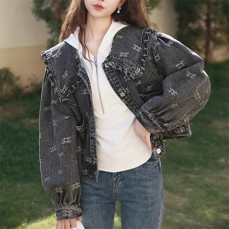 Vintage Crop Denim Jacket Women Sweet Korean Fashion Peter Pan Collar Button Jeans Coat Female Casual Long Sleeves Loose Outwear