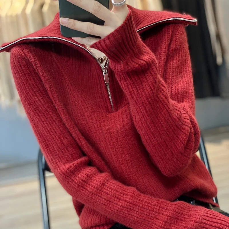 100 Pure Wool Sweater Women's Lapel Half Zipper Thickened Wool Loose Knitting High Collar Solid Color Long Sleeve Pullover 2022