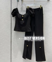 best version luxury brand two pieces set womens outfits gold logoed letter button puff sleeve tube top with split bootcut pants