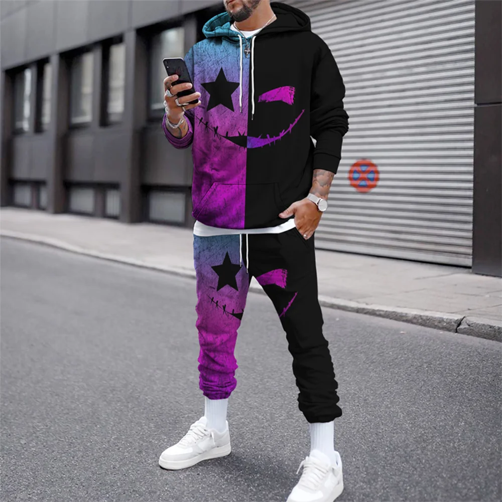 Cotton XX Smiley Face Printed Autumn and Winter Pullover Sweashirts Men Tracksuit Casual Hoodies Pants Set Men's Clothing Suit