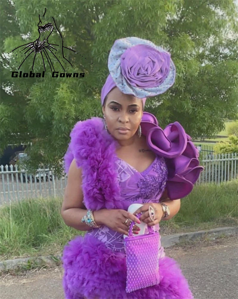 

Платье для выпускного вечера Aso Ebi в африканском стиле, фиолетовое длинное вечернее платье с круглым вырезом, с оборками, с аппликацией, для д...