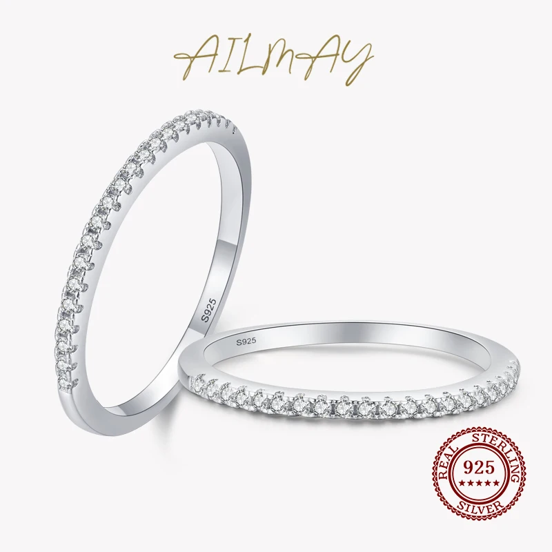 

Ailmay Top Quality Real 925 Sterling Silver Simple Stackable Clear CZ Finger Rings Classic Wedding Statement Fine Jewelry Gift