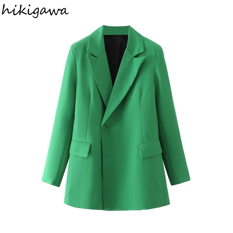 

Hikigawa Women Fashion Green Diagonal Button With Flap Pockets Loose Casual Blazer Coat Vintage Female Outerwear Chic Tops