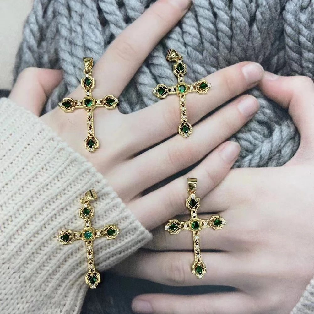 

5PCS, NEW Cross Green CZ Zircon Pendant for Women DIY Handmade Necklace Jewelry Accessories