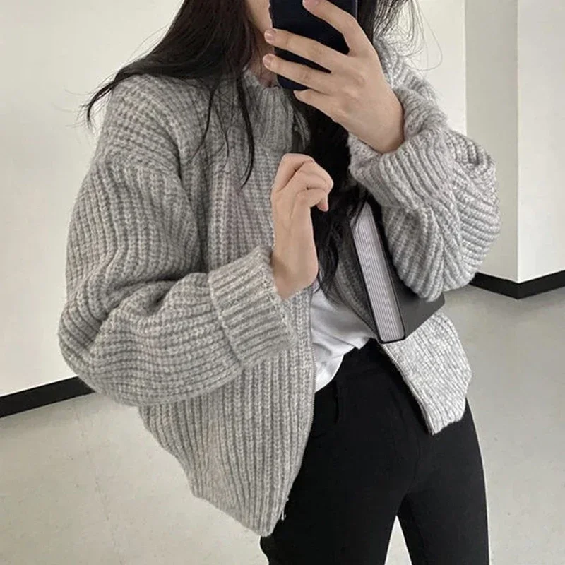 

Casual Half High Collar Loose Coat Fashion Knitted Cardigan Winter Zipper Sweater Autumn Thick Long Sleeve Tops Pull Femme 28218