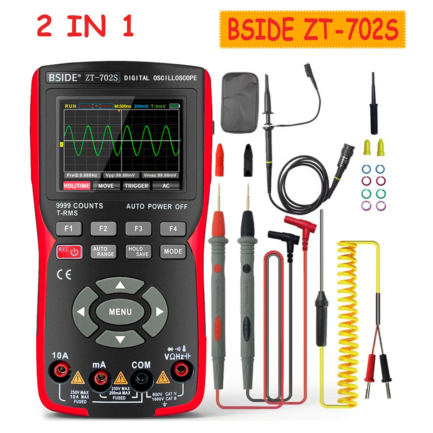 

2 in 1 Digital Oscilloscope Multimeter 48MSa/s Sampling Rate 10Mhz Bandwidth 9999 Counts True RMS 2.8inch IPS Color Multimetro