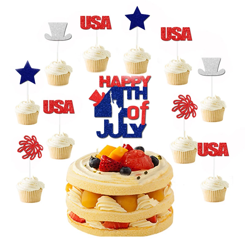 

JOYMEMO American Independence Day Cake Topper Happy 4th of July Party Decoration USA Cupcake Topper Festival Party Supplies