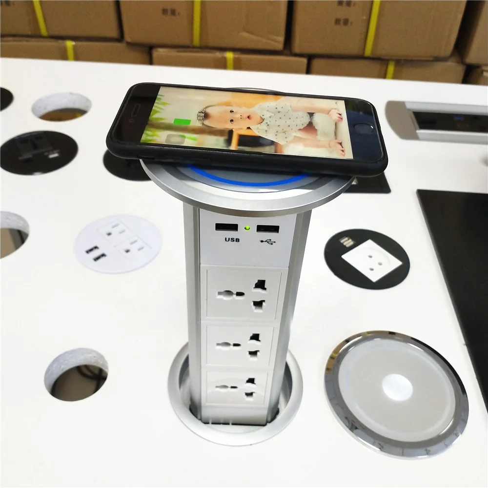 

Factory Automatic Raising Type Pop up Outlet Hidden Recessed Surge Protector Power Strip 10W Wireless Charger Socket