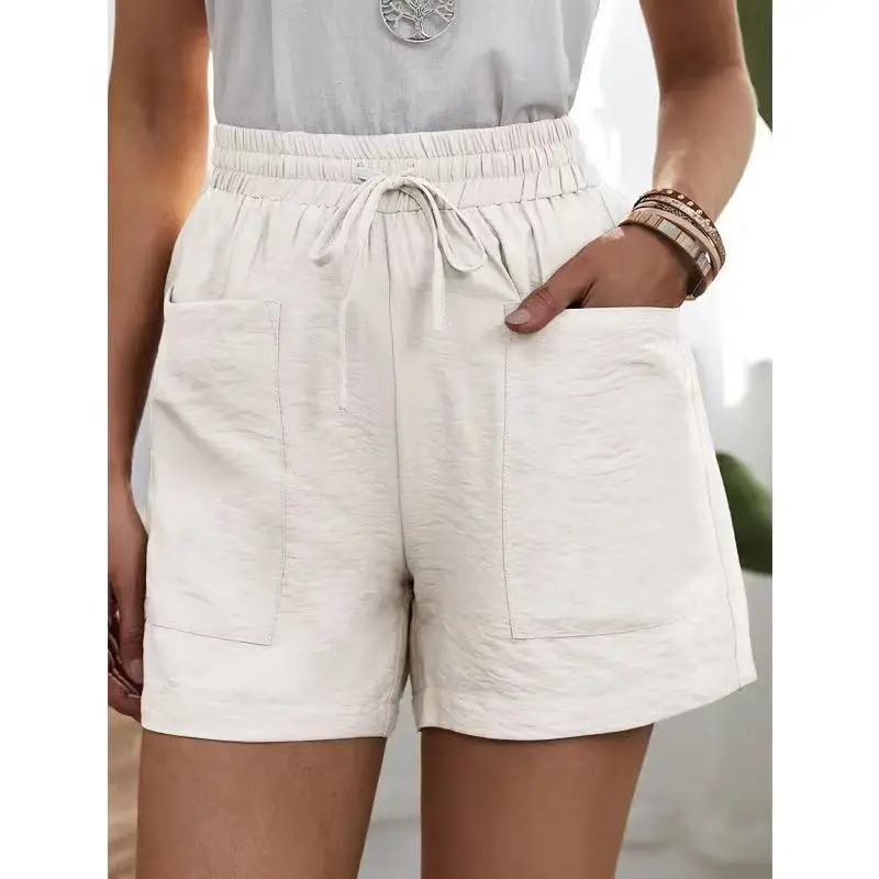 Casual Cotton Linen women's Shorts Wide Leg Elastic High Waist Shorts With Pockets Summer Female Clothing