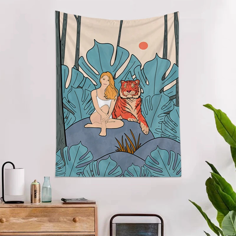 

Tapestry Wall Hanging Girl Tiger Psychedelic Mysterious Forest Aesthetic Room Decoration Home Headboards Anime Custom Tapestries