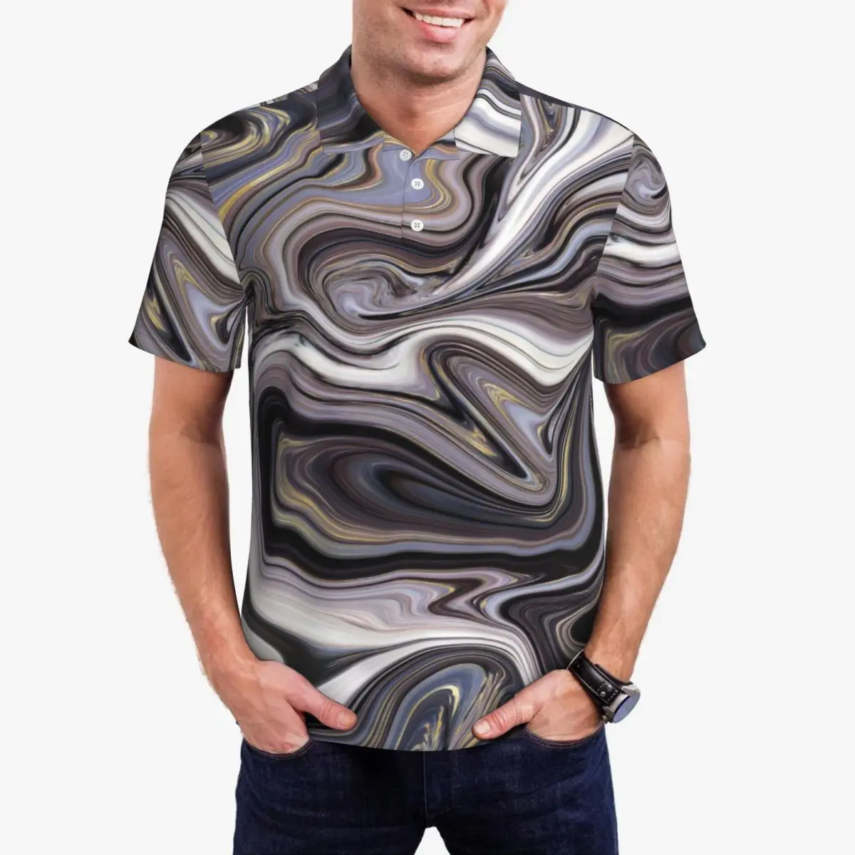 Мраморные жидкие повседневные футболки серо-белые рубашки поло с воротником Y2K