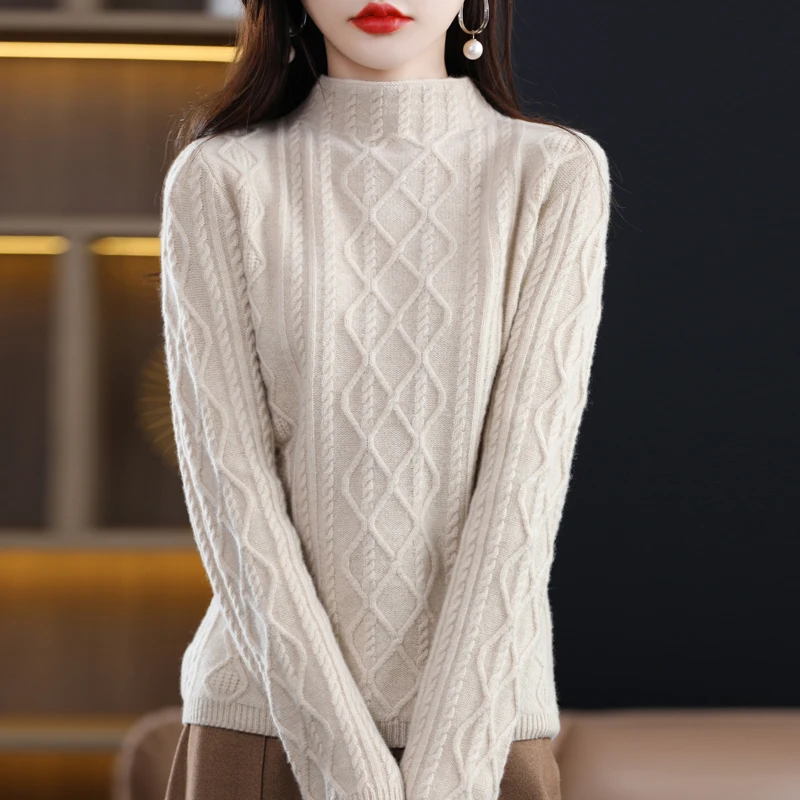 22 Autumn Winter New Pure Wool Knitted Sweater Women Half High Collar Solid Color Twisted Flower Loose Cashmere Sweater Pullover