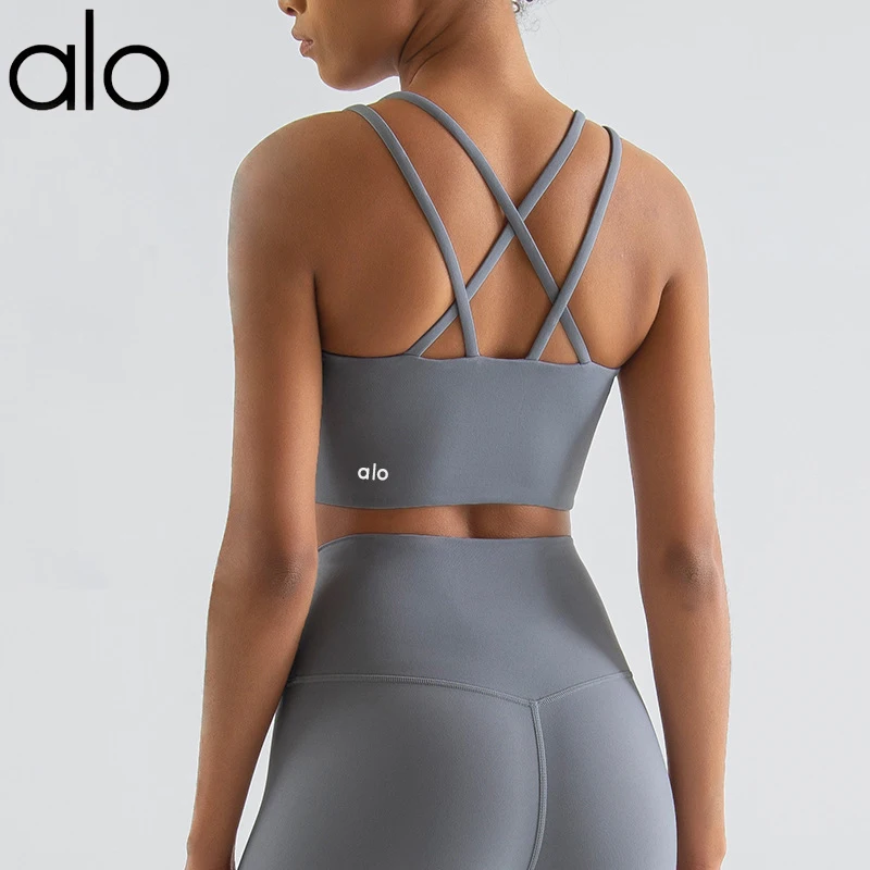

Спортивный женский бюстгальтер на бретелях Alo Yoga Grey, укороченный топ, нижнее белье для фитнеса, жилет для тренажерного зала, майка для тренир...